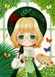  1girl apron bare_shoulders belt belt_bag black_bonnet blonde_hair blue_butterfly bonnet brown-framed_eyewear brown_belt bug bush butterfly closed_mouth collared_shirt commentary_request cowboy_shot detached_sleeves dot_nose eyelashes floral_print frilled_shirt_collar frills glasses green_apron green_eyes green_ribbon green_skirt greenhouse happy high-waist_skirt holding holding_paint_palette holding_paintbrush indoors leaf_print light_blush lips long_skirt long_sleeves neck_ribbon nikki_(series) paint_palette paintbrush print_apron print_bag print_headwear print_shirt print_sleeves puffy_long_sleeves puffy_sleeves red_butterfly ribbon round_eyewear shining_nikki shirt short_hair skirt sleeveless sleeveless_shirt smile solo soraneko3 spring_forest_(shining_nikki) standing straight-on waist_apron wavy_hair white_bag white_butterfly white_shirt white_sleeves yellow_butterfly 