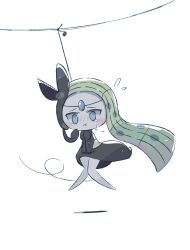  @_@ black_dress blue_eyes closed_mouth cold colored_skin crying crying_with_eyes_open dress foznya full_body green_hair highres long_hair meloetta meloetta_(aria) musical_note pokemon pokemon_(creature) pokemon_focus solo tears white_skin wind 