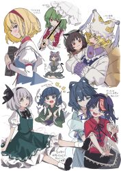  6+girls alice_margatroid blonde_hair blue_hair blush chen green_hair highres kaku_seiga kazami_yuuka konpaku_youmu looking_at_viewer multiple_girls nazrin red_eyes shy syuri22 touhou wakasagihime white_background yakumo_ran 