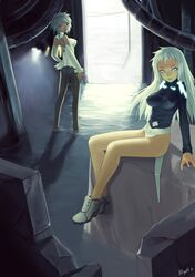  blight_essence blue_eyes erect_nipples legs long_hair original pantyhose purple_eyes short_hair silver_hair sitting violet_eyes water white_hair 