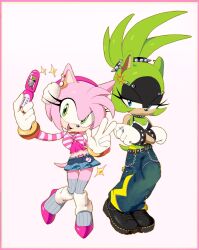  2girls amy_rose anger_vein animal_ears baggy_pants black_shoes blue_eyes bracelet chaosc0ntr0l crossed_arms crossed_legs denim denim_skirt ear_piercing earrings gloves gold_bracelet green_eyes green_fur green_hair highres jewelry leg_warmers long_sleeves miniskirt multiple_girls narrowed_eyes pants piercing pink_fur pink_shoes ponytail ribbed_thighhighs selfie shirt shoes skirt smile sonic_(series) striped_clothes striped_shirt surge_the_tenrec tail thigh-highs v white_gloves 