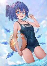  1girl absurdres ball beachball black_one-piece_swimsuit blue_bow blue_eyes blue_hair blush bow breasts cirno cowboy_shot dobostorte dutch_angle hair_bow highres holding holding_ball holding_beachball ice ice_wings one-piece_swimsuit school_swimsuit short_hair small_breasts solo swimsuit touhou whistle whistle_around_neck wings 