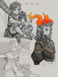  1boy 1girl bare_shoulders blush breasts character_request dragon_horns earrings fish hair_ornament highres holding holding_paddle horns ivy_(sena0119) jewelry link long_hair long_sleeves looking_at_viewer medium_breasts paddle pointy_ears puffy_long_sleeves puffy_sleeves shoes the_legend_of_zelda the_legend_of_zelda:_tears_of_the_kingdom 