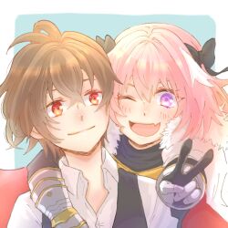  2boys ahoge astolfo_(fate) black_bow black_sweater blush bow braid brown_hair cape closed_mouth dress_shirt eyelashes fang fate/apocrypha fate_(series) fur-trimmed_cape fur_trim gauntlets gorget hair_bow hair_intakes long_hair male_focus multicolored_hair multiple_boys one_eye_closed open_mouth orange_eyes papico0154 pink_hair red_eyes shirt short_hair sieg_(fate) single_braid skin_fang smile streaked_hair sweater trap two-sided_cape two-sided_fabric two-tone_hair upper_body v violet_eyes white_cape white_hair white_shirt 