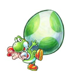  absurdres baby baby_mario boots brown_boots brown_hair colored_skin diaper egg green_skin green_yoshi harada_masamichi hat highres mario multiple_boys official_art open_mouth red_hat short_hair simple_background super_mario_bros. third-party_source transparent_background yoshi yoshi's_new_island yoshi_egg 