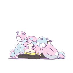  1girl :o blue_hair blush_stickers bow-shaped_hair character_hair_ornament chibi chibi_only foznya hair_ornament highres iono_(pokemon) long_hair long_sleeves multicolored_hair on_ground open_mouth pink_eyes pink_hair pokemon pokemon_sv sleeves_past_fingers sleeves_past_wrists solo twintails two-tone_hair very_long_hair white_background wide_sleeves 