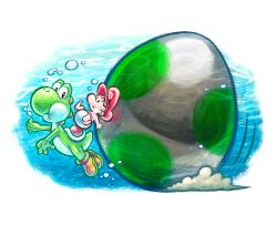  2boys absurdres air_bubble baby baby_mario boots brown_boots brown_hair bubble diaper egg green_yoshi harada_masamichi hat highres mario multiple_boys official_art red_hat short_hair super_mario_bros. third-party_source transparent_background underwater yoshi yoshi's_new_island yoshi_egg 