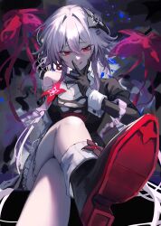  1girl absurdres asymmetrical_dress black_dress black_flower black_gloves commentary_request dress evernight_(honkai:_star_rail) flower flower_ornament gloves hair_flower hair_ornament hairclip highres honkai:_star_rail honkai_(series) march_7th_(honkai:_star_rail) neneneneko parallel_hairclips pink_hair red_eyes single_bare_shoulder 