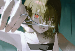  1boy absurdres androgynous blonde_hair collarbone cutting_hair hair_between_eyes highres holding holding_scissors hunter_x_hunter kurapika looking_at_viewer male_focus parted_lips red_eyes scissors shouka_(ly880217) solo tank_top trap upper_body wet wet_hair white_tank_top 