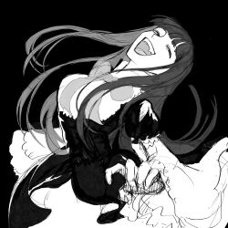  1girl :d arched_back black_background black_dress blunt_bangs bow dress evil_grin evil_smile fangs floating_hair frederica_bernkastel frills greyscale grin highres looking_to_the_side monochrome nasu_(nasuotabe) puffy_sleeves smile solo umineko_no_naku_koro_ni 