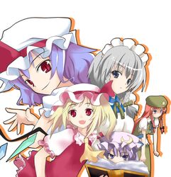  blue_eyes book braid crescent fang flandre_scarlet hong_meiling ichiju izayoi_sakuya long_hair maid_headdress multiple_girls ogami_kazuki patchouli_knowledge purple_hair red_eyes red_hair remilia_scarlet ribbon short_hair side_ponytail silver_hair smile touhou twin_braids 