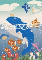  absurdres air_bubble animal_focus bird blue_sky bubble closed_mouth clouds fish gorebyss highres magikarp no_humans ocean omanyte open_mouth outdoors plant pokemon pokemon_(creature) pokemon_focus popplio sea_lion sky smile staryu swimming teeth wailmer wailord water whale wiglett wingull wugtrio zozozoshion 