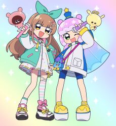  1girl absurdres airun angelrun animal_ornament anime_coloring aqua_bag aqua_hair arm_at_side arrow_(projectile) artist_request asymmetrical_legwear bag bike_shorts blonde_hair blue_bike_shorts blue_hat blue_shorts blue_sleeves blunt_bangs blunt_ends blunt_sidelocks blush bow bow_(weapon) bow_legwear brown_hair cat_ornament creature criss-cross_halter cross-laced_clothes cross-laced_legwear cross-laced_sleeves dog_ornament dot_nose double_bun drawstring dress duel_masters duel_masters_play&#039;s eyelashes facing_viewer footwear_ribbon full_body gradient_background gradient_hair green_eyes green_hairband green_hood green_jacket green_sleeves hair_bun hair_ornament hairband hairclip half_updo halo halter_dress halterneck hat hat_ornament head_tilt heart heart_arrow highres holding holding_microphone hood hooded_jacket horizontal-striped_clothes horizontal-striped_thighhighs indie_utaite indie_virtual_youtuber jacket jaggy_shot_dragoon legs_apart long_hair long_sidelocks looking_at_viewer microphone mini_hat mini_top_hat monster_girl multicolored_hair nanahira official_art official_style open_clothes open_hand open_jacket penguin_bag pink_bow pink_hair pink_ribbon platform_shoes pocket print_dress print_jacket puniru_(puniru_wa_kawaii_slime) puniru_wa_kawaii_slime punirunes purple_hair ribbon ribbon-trimmed_skirt ribbon_trim second-party_source shoes shorts shoulder_bag side-by-side sidelocks simple_background single_thighhigh sleeve_cuffs slime_(substance) slime_girl slime_hair smile sneakers socks sparkle_background standing star_(symbol) star_hat_ornament star_ornament star_print starry_hair straight_hair thigh-highs toggles top_hat traditional_halo turtleneck turtleneck_jacket two-sided_hood two-tone_hair two-tone_sleeves v-shaped_eyebrows very_long_hair waving weapon white_dress white_jacket white_shoes white_sleeves white_socks white_thighhighs x_hair_ornament yellow_halo yellow_ribbon yellow_shoes yellow_sleeve_cuffs 