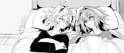  2boys astolfo_(fate) blanket casual closed_eyes closed_mouth collarbone fate/apocrypha fate_(series) greyscale haoro head_on_pillow holding holding_blanket light_blush long_hair male_focus messy_hair monochrome multiple_boys pillow shirt short_hair sieg_(fate) signature sleeping sleeping_together smile 