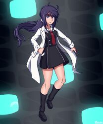  1girl absurdres ahoge black_shoes black_socks buttons chaos;child double-breasted dress_vest floating floating_hair frown full_body hekiho_academy_school_uniform highres kneehighs kunosato_mio loafers long_hair long_sleeves looking_to_the_side messy_hair miniskirt necktie purple_hair red_necktie sailor_collar school_uniform science_adventure shiny_eyes shoes short_necktie skirt socks solo tazmi violet_eyes white_sailor_collar 