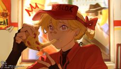  aslniko bandaid bandaid_on_face bandaid_on_nose black_gloves blonde_hair blurry blurry_background brown_eyes crossed_bangs eating elliot_(forsaken) fingerless_gloves food food_on_face forsaken_(roblox) genderswap genderswap_(mtf) gloves hair_between_eyes highres holding holding_food holding_pizza looking_at_viewer notice_lines pizza pizza_slice ponytail poster_(object) red_shirt roblox shirt sitting upper_body 