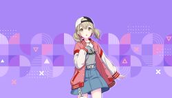  1girl :o azusawa_kohane backwards_hat belt black_hat blonde_hair blue_skirt collared_sweater colorful_palette game_cg grey_sweater hat highres jacket jewelry letterman_jacket necklace official_art open_clothes open_jacket open_mouth pink_jacket pleated_skirt project_sekai purple_background skirt solo sweater sweater_tucked_in third-party_source triangle twintails two-tone_headwear white_belt white_hat yellow_eyes 