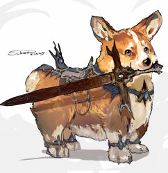  absurdres animal_focus anklet artist_name blue_gemstone brooch brown_eyes collar commentary_request dated dog full_body gem highres holding holding_sword holding_weapon jewelry looking_afar mouth_hold no_humans original saddle signature standing sukepmonster sword weapon weapon_in_mouth welsh_corgi white_background 