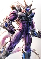  1boy alien clenched_hand colored_skin cooler_(dragon_ball) dragon_ball dragon_ball_z dutch_angle glowing glowing_eyes gomikerasu highres muscular muscular_male purple_skin purple_tail red_eyes solo tail 