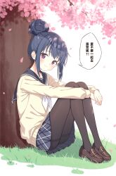  1girl absurdres against_tree black_pantyhose black_sailor_collar black_skirt blue_hair blush brown_shoes cherry_blossoms chinese_text closed_mouth eyelashes falling_petals full_body grass hair_between_eyes hair_bun highres hugging_own_legs knees_up legs loafers long_sleeves looking_at_viewer miniskirt on_grass pantyhose petals pleated_skirt sailor_collar school_uniform serafuku setteiset shima_rin shirt shoes sidelocks simple_background single_hair_bun sitting skirt smile solo split_mouth spring_(season) thighband_pantyhose translation_request tree tsurime violet_eyes white_background yellow_shirt yurucamp 