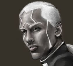  1boy black_eyes commentary_request cross cross_print enrico_pucci facial_hair greyscale jojo_no_kimyou_na_bouken lowres male_focus monochrome parted_lips realistic seris-valentine short_hair solo stone_ocean very_short_hair white_hair 