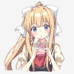  1girl absurdres air_(visual_novel) ascot black_dress blonde_hair blue_eyes blunt_bangs blush cropped_torso dress drinking_straw drinking_straw_in_mouth hair_intakes hair_ribbon hands_up highres holding holding_carton holding_milk_carton kamio_misuzu long_hair looking_at_viewer milk_carton ponytail puffy_short_sleeves puffy_sleeves red_ascot ribbon school_uniform setteiset shirt short_sleeves simple_background solo upper_body very_long_hair white_background white_ribbon yellow_shirt 