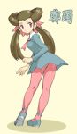  gym_leader legs long_hair looking_back pantyhose pink_eyes pink_legwear pink_pantyhose pokemon pokemon_(game) pokemon_rse powudon roxanne short_dress solo tsutsuji_(pokemon) twintails upskirt 