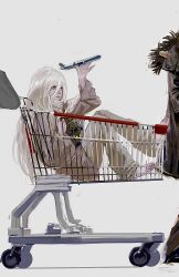  2boys absurdres barefoot commentary death_note english_commentary highres long_hair mello_(death_note) multiple_boys near_(death_note) scarf shopping_cart toes toy_airplane toy_robot vitagazer white_hair 