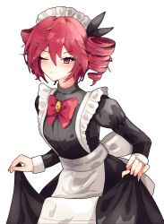  1girl absurdres alternate_costume apron black_bow black_dress blush_stickers bow bowtie closed_mouth clothes_lift collared_dress cowboy_shot ddrawins dress drill_hair enmaided hair_between_eyes hair_bow highres juliet_sleeves kasane_teto kasane_teto_(sv) lifting_own_clothes long_sleeves looking_at_viewer maid maid_apron maid_headdress one_eye_closed puffy_sleeves red_bow red_bowtie red_eyes red_hair simple_background skirt skirt_lift synthesizer_v twin_drills utau white_background 