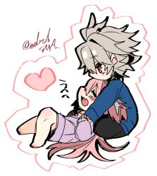  2boys alternate_costume androgynous astolfo_(fate) blue_sweater blush blush_stickers casual chibi closed_eyes fang fate/apocrypha fate_(series) full_body grey_hair hair_down haoro heart hug long_hair male_focus multicolored_hair multiple_boys no_pants open_mouth outline pink_hair pink_sweater red_eyes sieg_(fate) signature skin_fang smile sticker streaked_hair sweater very_long_hair white_hair 