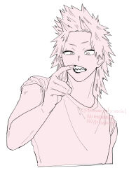  1boy bluesky_username boku_no_hero_academia commentary_request cropped_torso highres k_oum03 kirishima_eijiro looking_at_viewer male_focus medium_hair mouth_pull sharp_teeth shirt simple_background solo spiky_hair teeth upper_body white_background 