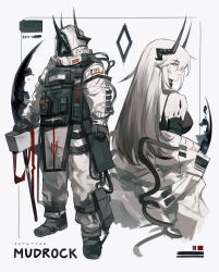  1girl arknights artist_name black_horns black_sports_bra breasts character_name closed_mouth demon_horns diamond_(shape) from_side gradient_hair grey_hair hammer highres horns jumpsuit looking_at_viewer mask material_growth medium_breasts mudrock_(arknights) mudrock_(elite_ii)_(arknights) multicolored_hair multiple_views open_jumpsuit oripathy_lesion_(arknights) pointy_ears potettoe profile red_eyes serious sideways_glance sledgehammer sports_bra standing white_background white_hair white_jumpsuit 