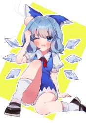  1girl blue_bow blue_dress blue_eyes blue_hair blush boots bow brown_boots cirno collared_shirt defeat dress full_body hair_bow head_bump highres ice ice_wings iwakoo neck_ribbon one_eye_closed pinafore_dress puffy_short_sleeves puffy_sleeves red_ribbon ribbon shirt short_hair short_sleeves sitting sleeveless sleeveless_dress socks solo tearing_up touhou white_shirt white_socks wings 