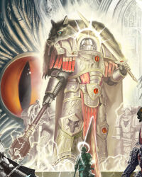  6+boys absurdres adeptus_astartes alternate_universe armor club_(weapon) eyes_of_horus_(warhammer_40k) halo helmet highres horus_lupercal kim_chan laurel_crown lightning luna_wolves male_focus multiple_boys night_lords pelt pelvic_curtain primarch pteruges skull_ornament spiked_club spiked_halo warhammer_40k weapon white_armor winged_helmet wolf_pelt 