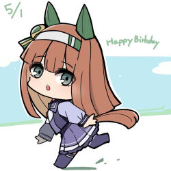  1girl animal_ears blue_eyes blue_sky bow brown_hair chibi clouds dated day from_side hairband happy_birthday horse_ears horse_girl horse_tail kawamochi_(tddm3573) long_hair long_sleeves looking_at_viewer looking_to_the_side parted_lips pleated_skirt puffy_long_sleeves puffy_sleeves purple_shirt purple_skirt purple_thighhighs running school_uniform shirt silence_suzuka_(umamusume) skirt sky sleeves_past_wrists solo tail teeth thigh-highs tracen_school_uniform umamusume upper_teeth_only very_long_hair white_bow white_hairband 