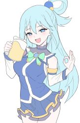  1girl :d absurdres alcohol aqua_(konosuba) bare_shoulders beer beer_mug bilingual_commentary blue_brooch blue_eyes blue_hair blue_shirt blue_skirt blush bow bowtie breasts commentary cowboy_shot cup detached_sleeves eyelashes flat_color fuyukey green_bow green_bowtie hair_between_eyes hair_bobbles hair_ornament hair_rings half_updo hand_up hands_up highres holding holding_cup kono_subarashii_sekai_ni_shukufuku_wo! large_breasts long_hair long_sleeves looking_at_viewer miniskirt mixed-language_commentary mug ok_sign open_mouth pleated_skirt shirt sidelocks simple_background skirt sleeveless sleeveless_shirt smile solo straight_hair tsurime very_long_hair white_background white_sleeves 