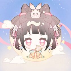  1girl animal_on_head baonu_de_zhanshen_caibutou blue_sky blunt_bangs blushbunny bow-shaped_hair braid braided_hair_rings brown_hair chibi chinese_clothes chinese_commentary clouds commentary_request covered_mouth crown_braid day double_bun earrings eyelashes flower fundoshi gossamer_moonfairy_(infinity_nikki) gradient_sky hagoromo hair_bun hair_flower hair_ornament hair_ribbon hair_rings hand_fan hanfu highres holding holding_fan infinity_nikki japanese_clothes jewelry layered_sleeves light_particles long_sleeves nikki_(series) on_head outdoors pink_eyes pink_flower pink_hanfu pink_ribbon rabbit rabbit_on_head ribbon sad shawl short_hair short_over_long_sleeves short_sleeves sky sleeves_past_fingers sleeves_past_wrists solo sphere_earrings standing star_(symbol) straight-on tareme teardrop tearing_up tuanshan two-tone_hanfu updo white_flower wide_sleeves yellow_hanfu 