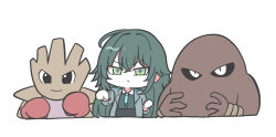  1girl black_skirt boxing_gloves chibi clenched_hands closed_mouth collared_shirt cropped_torso crossover gakuen_idolmaster green_eyes green_hair green_shirt grey_jacket hair_between_eyes highres hitmonchan hitmonlee idolmaster jacket kawamochi_(tddm3573) open_clothes open_jacket outstretched_arm pokemon pokemon_(creature) shirt simple_background skirt tsukimura_temari upper_body v-shaped_eyebrows white_background 