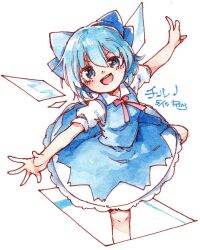  1girl :d blue_bow blue_dress blue_eyes blue_hair blush bow character_name cirno collared_shirt commentary_request dated dot_nose dress hair_between_eyes highres ice ice_wings kibayashi_kimori looking_at_viewer one-hour_drawing_challenge open_mouth outstretched_arms painting_(medium) puffy_short_sleeves puffy_sleeves red_ribbon ribbon shirt short_hair short_sleeves signature simple_background smile solo standing standing_on_one_leg touhou traditional_media watercolor_(medium) white_background white_shirt wings 