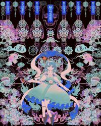  1girl absurdres black_shoes blue_dress blue_eyes blue_fire blue_hair blue_nails blue_theme boku_(isizakitakasi) dress fire flower hair_ornament hair_rings hair_stick highres holding holding_smoking_pipe kaku_seiga no_nose puffy_short_sleeves puffy_sleeves shoes short_sleeves skull smile smoking_pipe socks solo touhou white_flower white_socks 