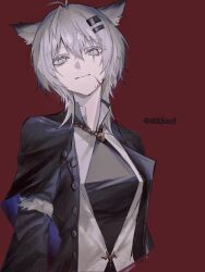  1girl alternate_hairstyle animal_ears arknights arms_at_sides black_coat black_dress blood blood_on_face breasts closed_mouth coat dress facing_viewer grey_eyes grey_hair hair_between_eyes hair_ornament hairclip highres jewelry lappland_(arknights) lappland_(refined_horrormare)_(arknights) long_sleeves looking_at_viewer medium_breasts necklace official_alternate_costume open_clothes open_coat parallel_hairclips red_background scar scar_across_eye scar_on_face shirt simple_background skull_necklace solo tktktk0609 twitter_username white_shirt wolf_cut wolf_ears wolf_girl 