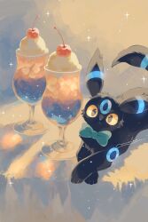  alternate_color animal_focus black_fur blue_bow bow cherry closed_mouth colored_sclera cup drinking_glass food fruit highres looking_at_viewer merino_(merino_9999) milkshake no_humans pokemon pokemon_(creature) pokemon_focus shiny_pokemon solo umbreon whipped_cream yellow_sclera 