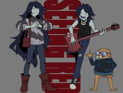  ._. 1boy 1girl \n/ adventure_time adventure_time_(comic) bag bass_guitar belt bite_mark bite_mark_on_neck black_choker black_hair black_jacket black_shoes black_tank_top blue_pants boots bracelet brown_boots choker closed_mouth colored_skin commentary_request denim english_text fake_facial_hair fake_mustache fist_in_hand flat_color full_body grey_background grey_pants grey_skin grey_sweater grin handbag heart heart_choker high_heel_boots high_heels holding holding_bass_guitar holding_instrument instrument jacket jake_the_dog jeans jewelry leather leather_jacket long_hair long_sleeves looking_back marceline_abadeer multiple_views official_alternate_costume official_alternate_hair_length official_alternate_hairstyle pants raya_(uk_0128) red_bag red_belt shoes short_hair simple_background smile spiked_bracelet spikes sunglasses sweater tank_top teeth torn_clothes torn_jeans torn_pants two-tone_sweater vampire very_long_hair 