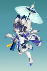  1girl :3 :d animal_ear_fluff animal_ears aqua_background aqua_belt b.i.a belt belt_pouch black_fur black_hair black_shorts blue_coat blue_umbrella child coat colored_tips commentary deer_ears deer_girl deer_tail flower full_body fur-trimmed_coat fur-trimmed_hood fur_trim furry furry_female gradient_background gradient_fur grey_eyes grey_fur hair_between_eyes hair_ornament hairclip highres holding holding_umbrella hood hood_down hooded_coat hooves leg_up long_sleeves looking_at_viewer multicolored_coat multicolored_fur multicolored_hair multicolored_shirt open_clothes open_coat open_mouth original pouch shirt short_hair short_shorts shorts simple_background smile solo standing standing_on_one_leg streaked_hair swept_bangs tail thigh_belt thigh_strap transparent transparent_umbrella two-sided_coat two-sided_fabric umbrella white_coat white_flower white_fur white_shirt x_hair_ornament 
