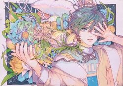  1boy air_bubble aqua_flower aqua_vest artist_request black_background blue_nails blue_vest border brown_ribbon bubble bud clam clothes_writing coat collared_jacket collared_shirt earrings ensemble_stars! expressionless eyelashes floating_earrings floating_hair floral_background flower gem green_eyes green_hair grey_border hair_between_eyes hand_on_own_face high_collar highres jacket jewelry kazehaya_tatsumi lapels leaf light_particles lips long_sleeves male_focus nail_polish neck_ribbon notched_lapels open_clothes open_coat open_jacket outside_border parted_lips pearl_(gemstone) pink_lips ribbon shirt short_hair single_earring solo sphere_earrings spider_lily sweater_vest teeth third-party_source two-tone_vest upper_body vest white-stew yellow_coat yellow_flower yellow_jacket 