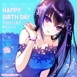  1girl aqua_background artist_name black_hair blue_dress bracelet breasts character_name company_name dated dress forcas hair_between_eyes hand_up happy_birthday highres jewelry long_hair looking_at_viewer off-shoulder_dress off_shoulder official_art phantom_of_the_kill purple_hair second-party_source shibuhiko signature simple_background solo upper_body violet_eyes 