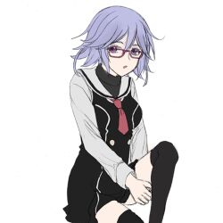  1girl :o black_vest blue_hair chaos;child dress_vest glasses hekiho_academy_school_uniform kazuki_hana long_sleeves looking_at_viewer lowres miniskirt necktie nekoyashiki_08 no_jacket red_necktie sailor_collar sailor_shirt school_uniform science_adventure shirt short_necktie simple_background sitting skirt solo thigh-highs thighs tongue vest violet_eyes white_background white_shirt 