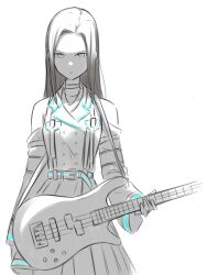  1girl bang_dream! bass_guitar commentary detached_sleeves guitar guitar_strap highres holding holding_guitar holding_instrument instrument kanade_(kanade_3344) long_sleeves looking_at_viewer sidelocks simple_background solo spot_color wakana_rei white_background 