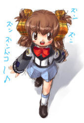  1girl ankle_socks aqua_shorts archived_source bad_link blush_stickers bow brown_eyes brown_hair brown_shoes child dot_nose eighth_note facing_viewer formal_shorts from_above full_body grey_sleeves gunparade_march hair_between_eyes hair_bow higashihara_nonomi impasto kanno large_ribbon looking_at_viewer musical_note open_mouth plaid_ribbon red_bow ribbon shadow shirt shoes shorts simple_background sketch sleeves_past_wrists socks solo teeth tongue translation_request two_side_up upper_teeth_only white_background white_shirt white_socks yellow_ribbon 