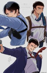  3boys absurdres beard_stubble black_hair blue_eyes blue_jacket blue_necktie blue_shirt brown_hair closed_mouth commentary_request facial_hair forked_eyebrows gun hair_slicked_back highres holding holding_gun holding_weapon humo_gw21 jacket looking_at_viewer male_focus meitantei_conan morofushi_takaaki mouri_kogoro multiple_boys mustache necktie one_eye_closed ponytail red_necktie scar scar_across_eye scar_on_face shirt simple_background stubble twitter_username weapon white_shirt yamato_kansuke 